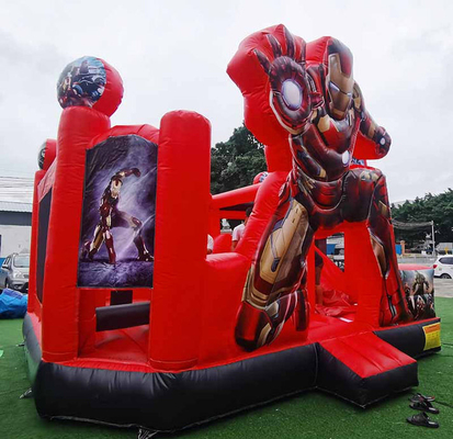 Karikatür temalı şişme fırlatıcı Iron Man kaydırma evi