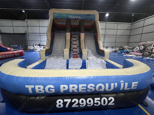 Moana temalı çift şeritli şişme kaydırma ticari sınıf çocuklar havuzlu sıçrama kaydırma