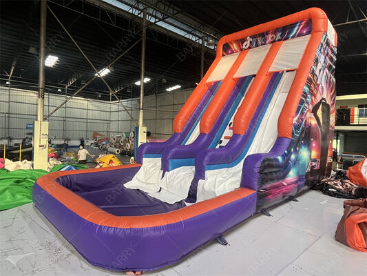 Ticari sınıfı Çift şeritli şişme kaydırma havuzu, moda neon/TikTok temalı parti kiralama ve etkinlikler için kuru / ıslak kaydırma çocuk oyun sistemi